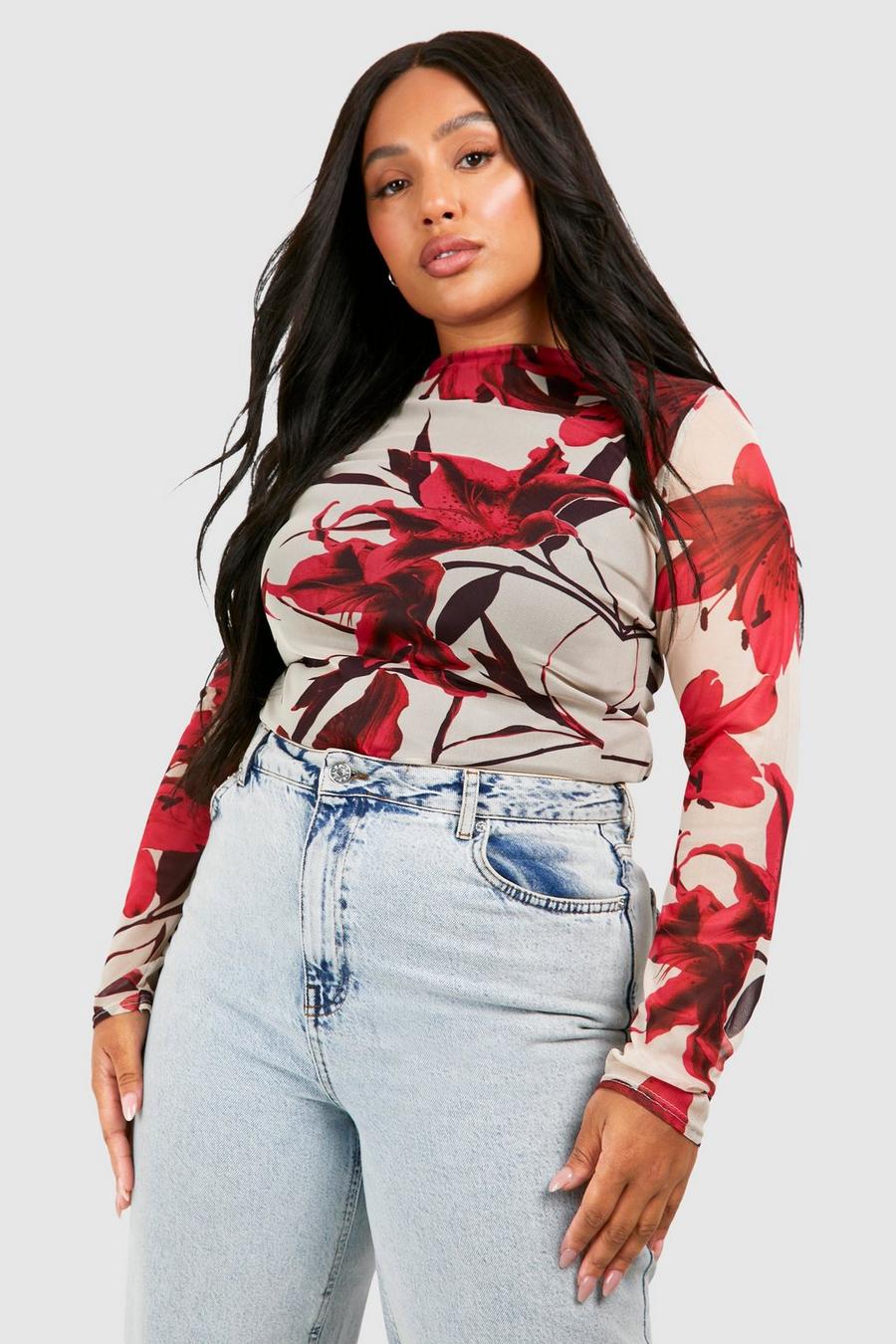 Red Plus Floral Mesh Long Sleeve Top image number 1