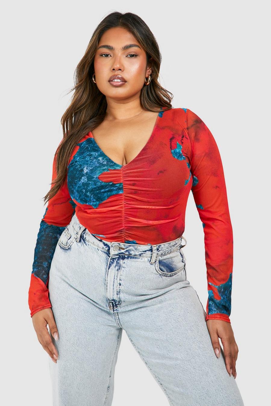 Red Plus Abstract Mesh Long Sleeve Bodysuit 