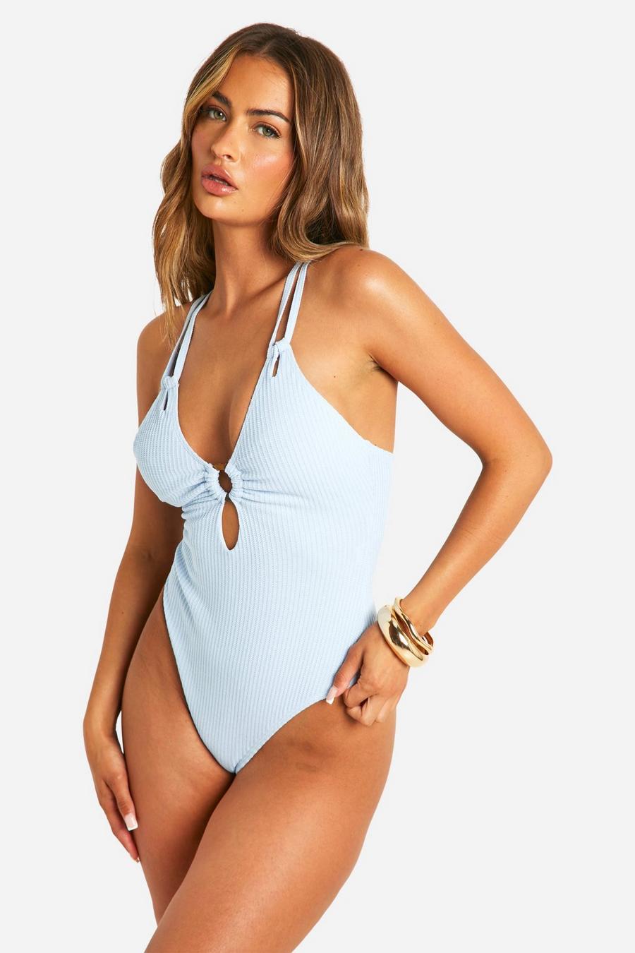 Light blue Tummy Control Textured O-ring Swimsuit image number 1