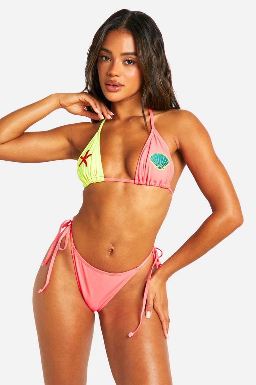 Bright pink Applique Colour Block Triangle Bikini Set image number 1