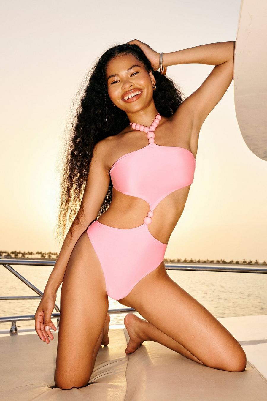 Pink Bead Detail Cut Out Swimsuit image number 1