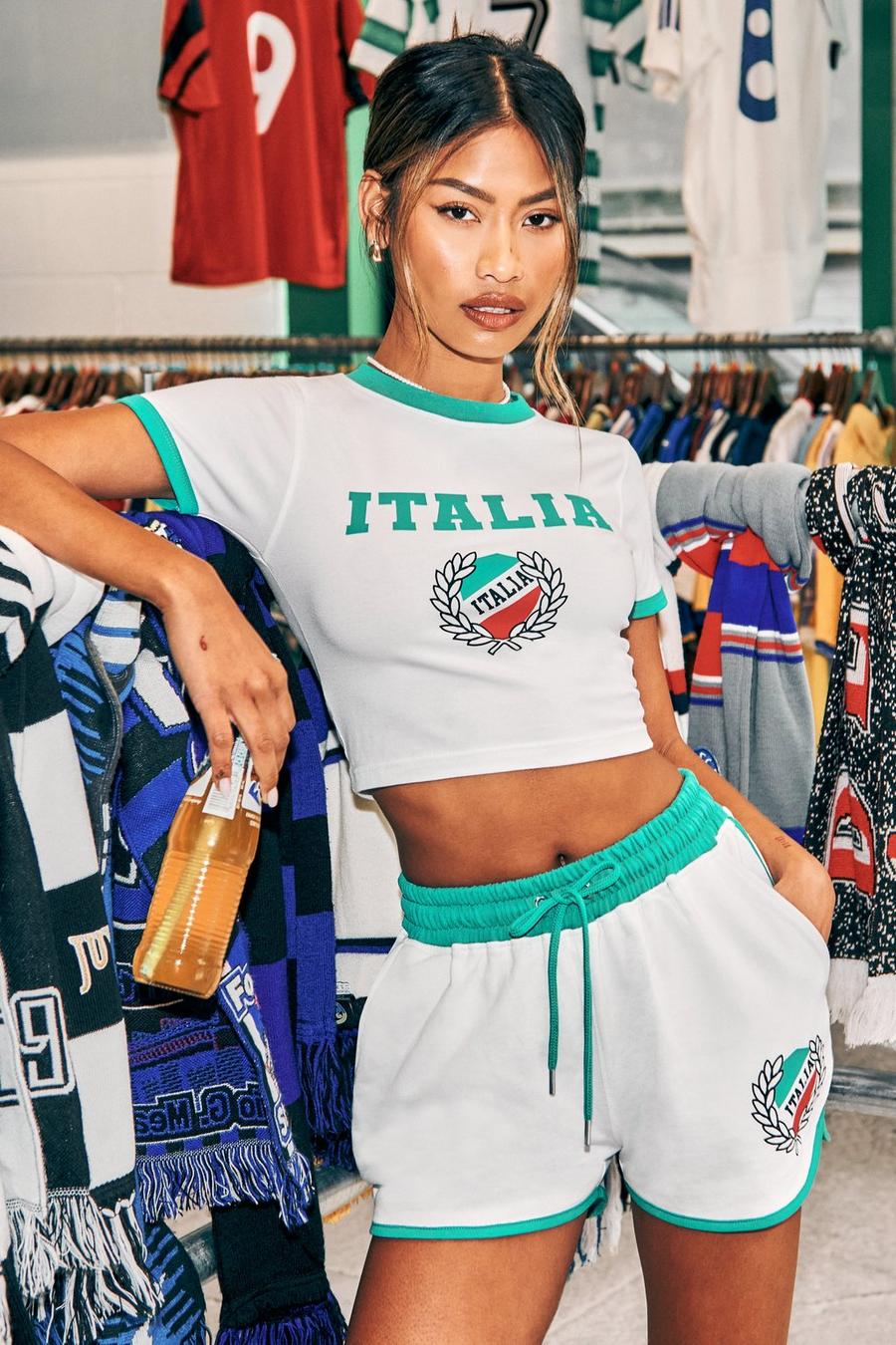 White Italia Slogan Fitted Top And Short Set