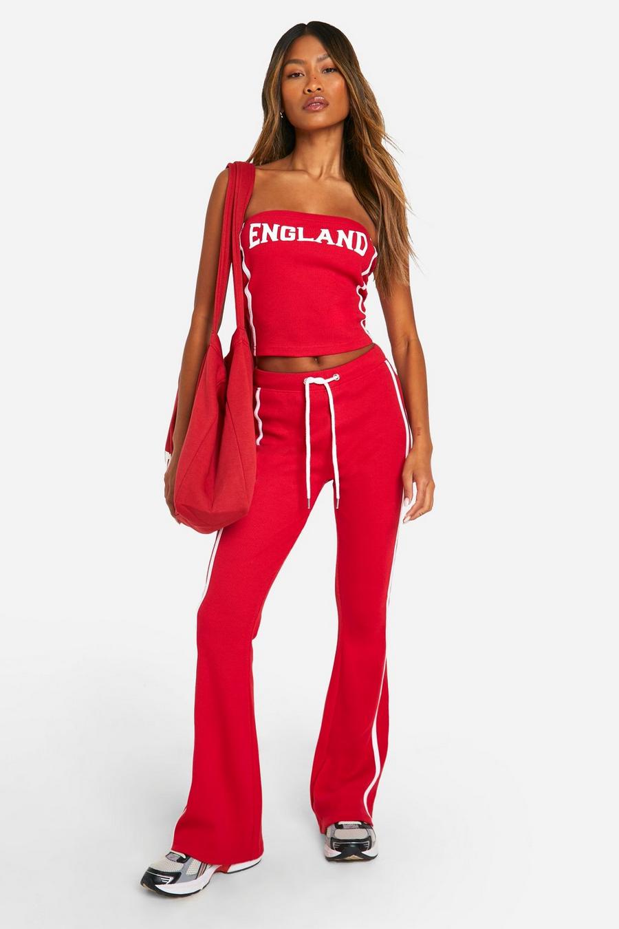 Red England Slogan Bandeau Top And Trouser Set