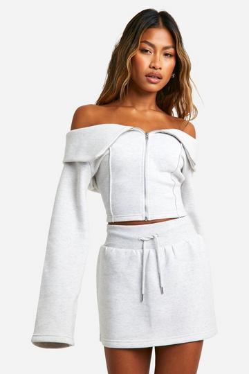 Grey Bardot Off The Shoulder Zip Through Sweatshirt And Skirt Set