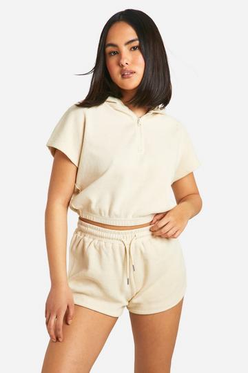 Stone Beige Waffle Half Zip Hooded Sleeveless Sweatshirt And Short Set