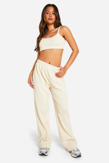 Wafel Gebreide Crop Top Met Lage Ronde Hals En Broek Met Rechte Pijpen Set stone