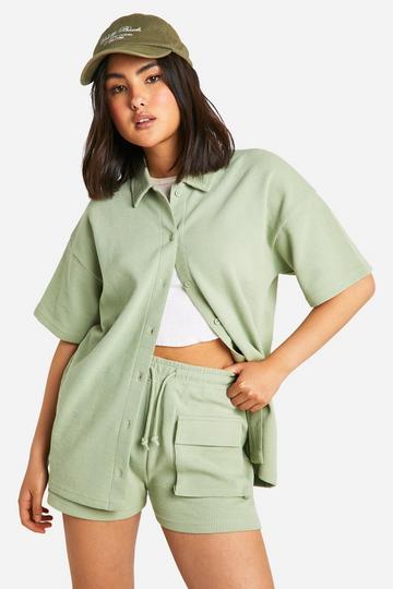 Oversized Wafel Gebreid Boxy Overhemd En Shorts Set sage