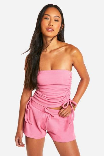 Geplooide Wafel Gebreide Bandeau Top Met Zijstrikjes En Shorts Set pink