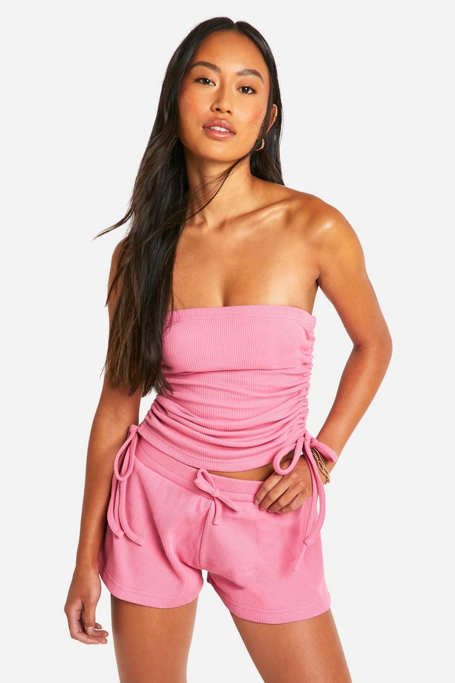 Pink Waffle Ruched Tie Side Tube Top And Short Set image number 1