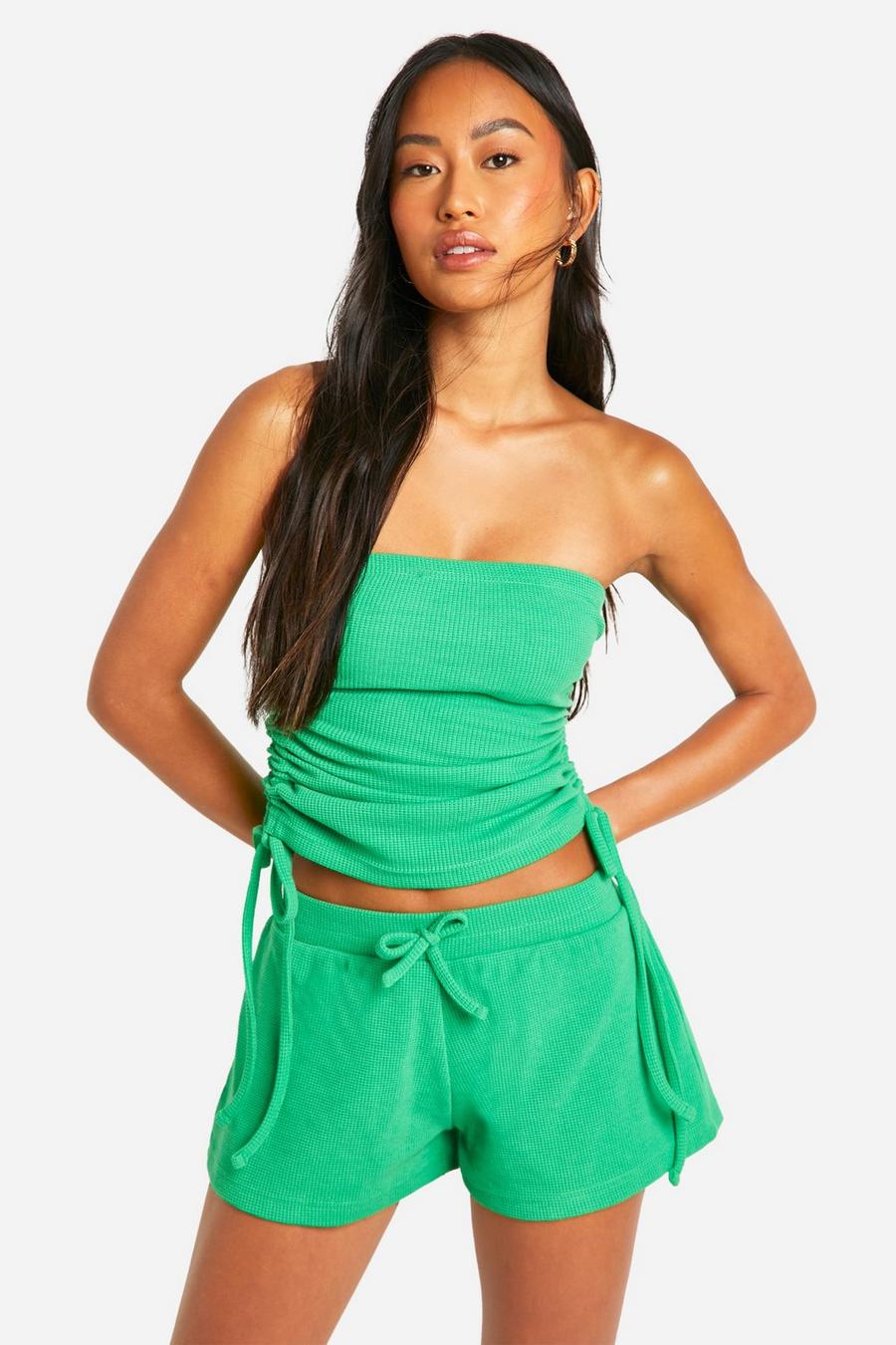 Green Waffle Ruched Tie Side Bandeau Top And Short Set