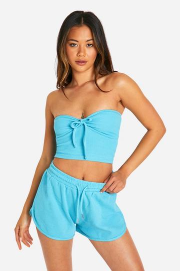 Wafel Gebreide Bandeau Top Met Strik En Shorts Set blue