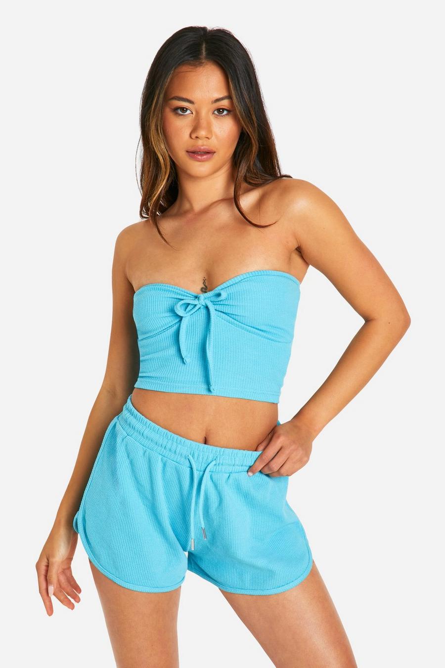 Blue Waffle Bow Detail Bandeau Top And Short Set  image number 1