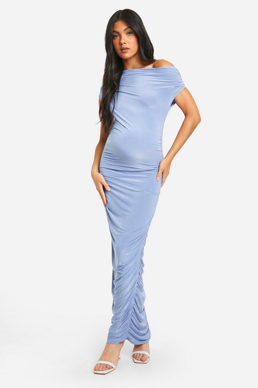 Light blue Maternity Slinky Asymmetric Ruched Midi Dress