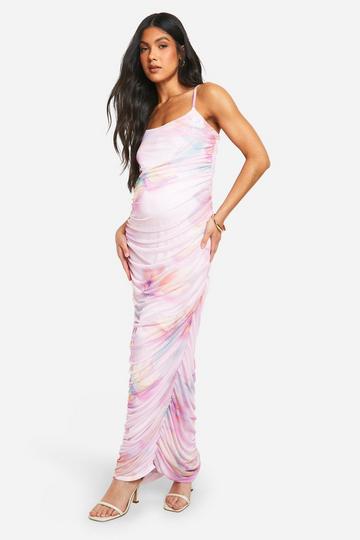 Maternity Mesh Floral Print Strappy Maxi Dress lilac