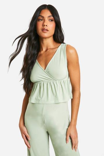 Green Maternity Slinky V Neck Peplum Blouse