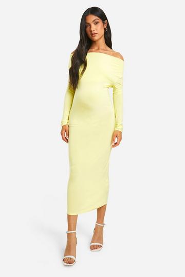 Yellow Maternity Long Sleeve Cowl Neck Midi Dress