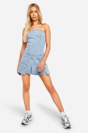 Pocket And Belt Detail Bandeau Denim Mini Dress acid wash light blue