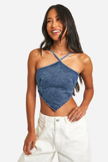 Handkerchief Hem Denim Crop Top washed indigo