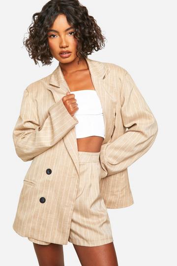 Stone Beige Tall Linen Look Pinstripe Oversized Blazer