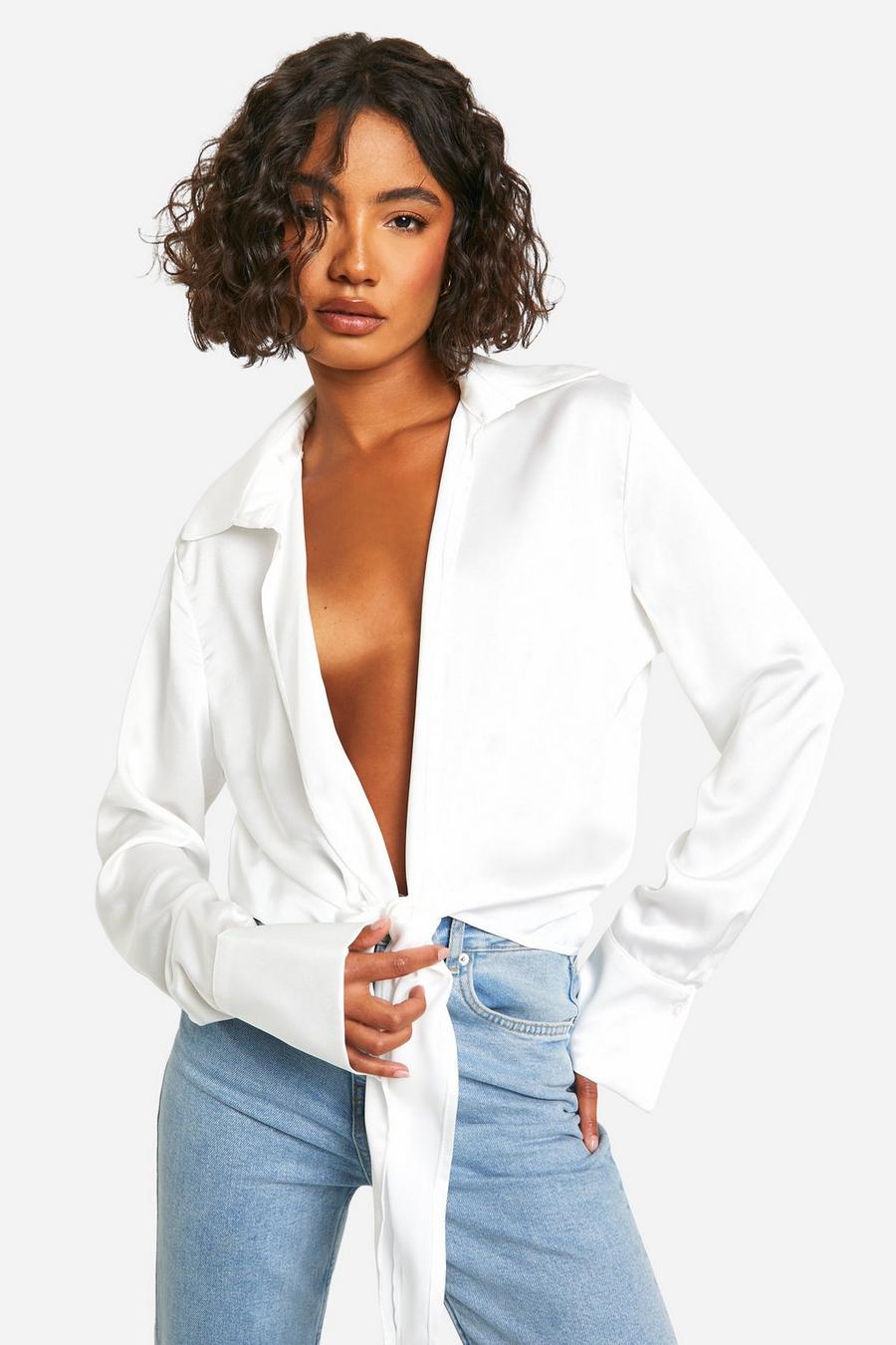 White Tall Satin Tie Front Shirt  image number 1