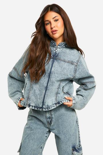 Blue Light Acid Wash Moto Biker Denim Jacket