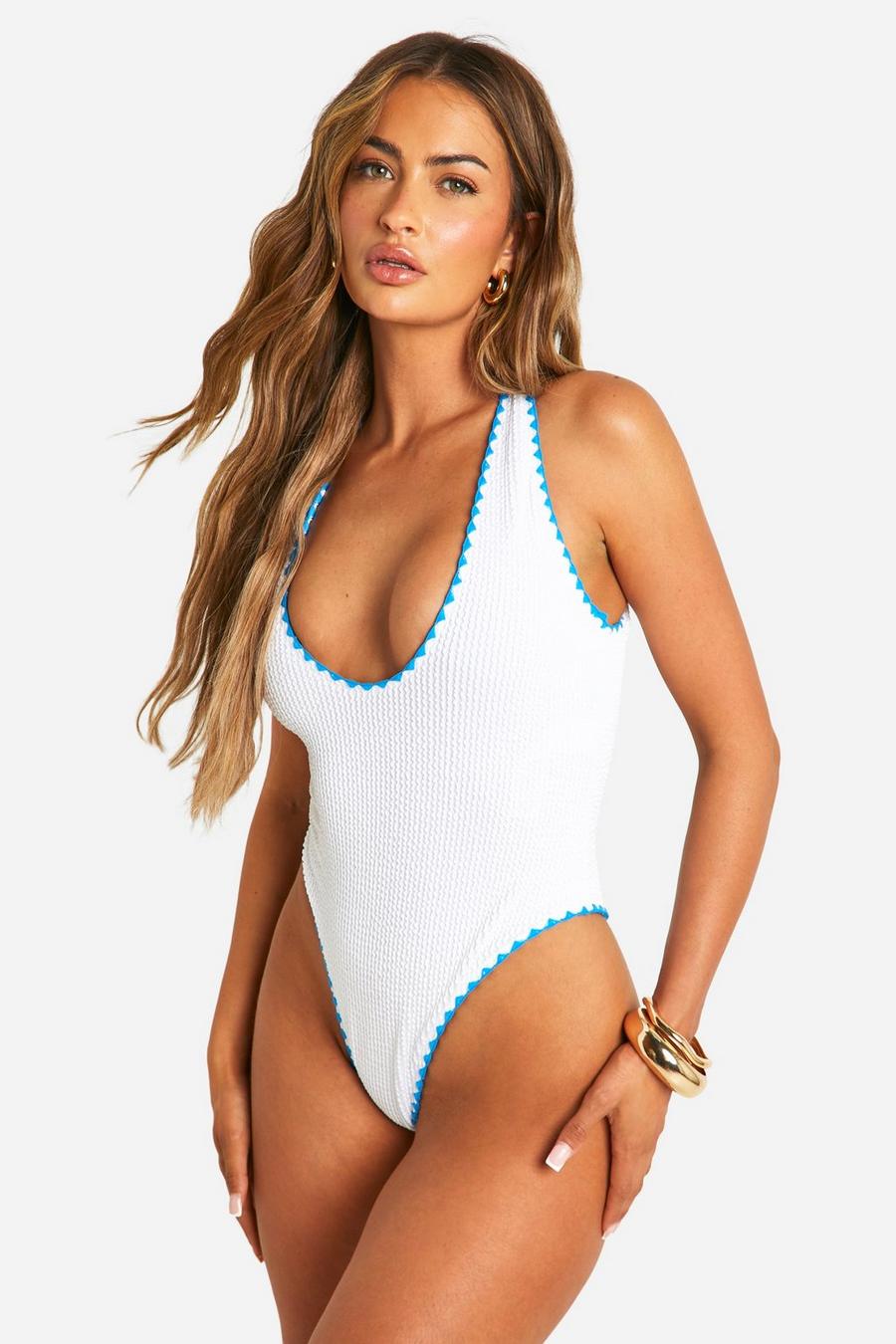 White Crinkle Contrast Edge Plunge Swimsuit image number 1