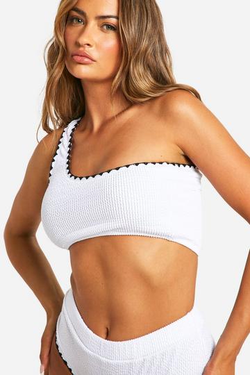 White Crinkle Contrast Edge One Shoulder Bikini Top