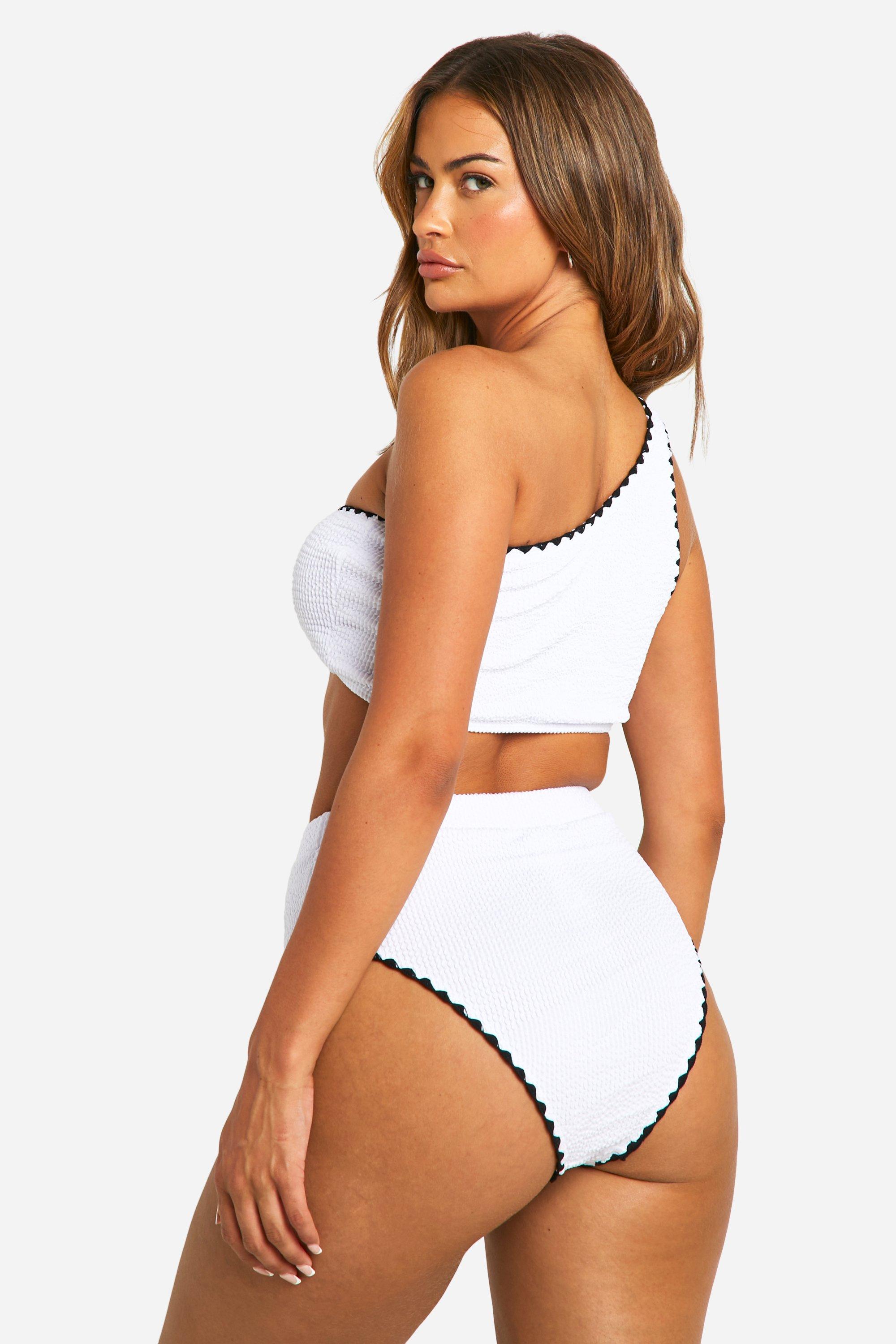 Boohoo Women s Crinkle Contrast Edge One Shoulder Bikini Top White
