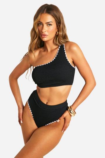 Crinkle Contrast Edge One Shoulder Bikini Top black