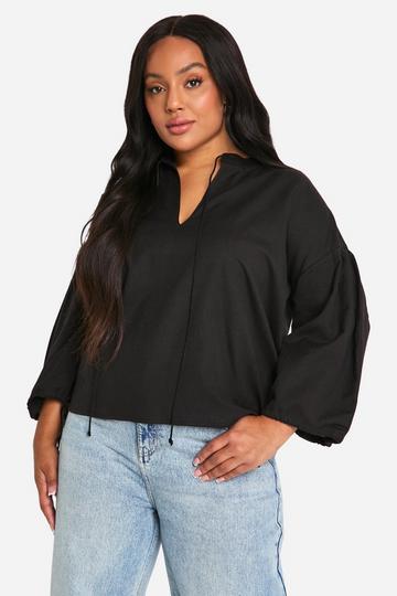 Plus Gesmokte Katoenen Top Met Strik black