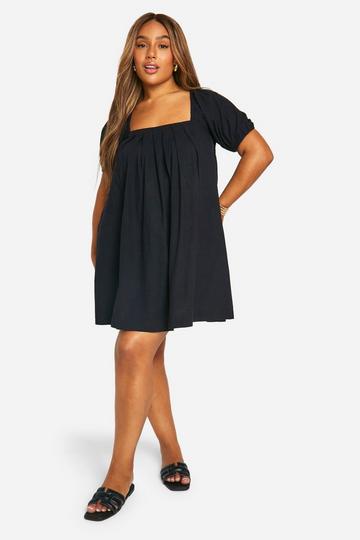 Plus Cotton Blend Puff Sleeve Smock Dress black