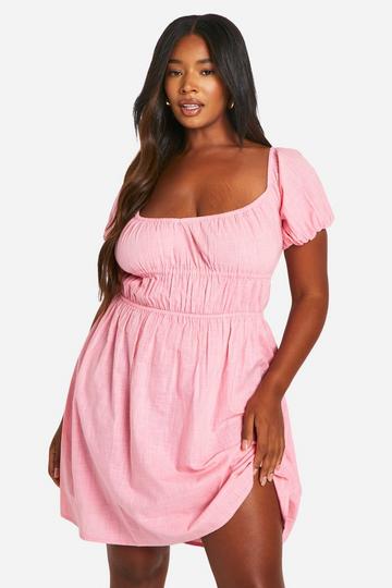 Plus Cotton Blend Ruched Puff Sleeve Mini Dress pink