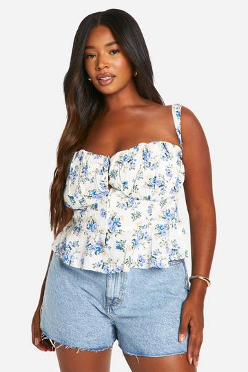 Plus Ditsy Floral Peplum Corset Top cream