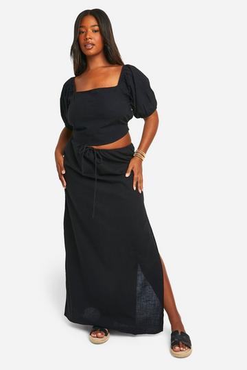 Black Plus Drawstring Waist Cotton Maxi Skirt