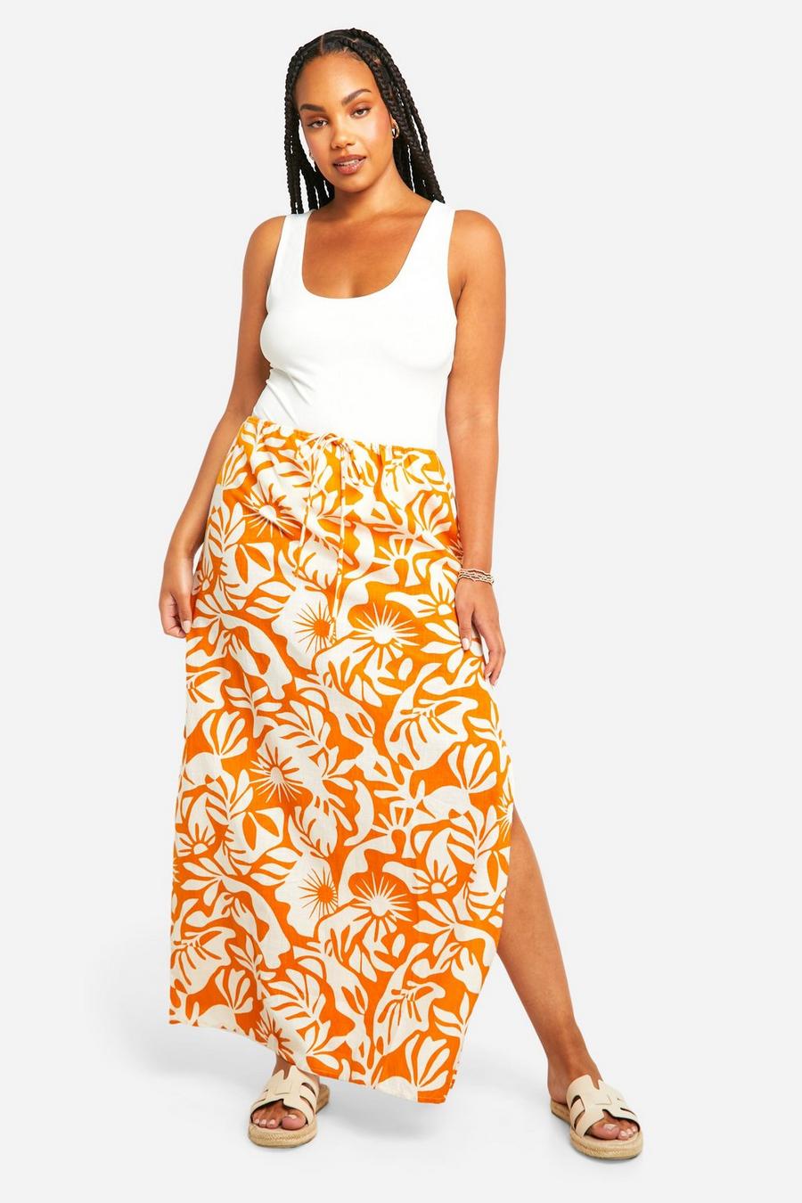 Orange Plus Abstract Print Cotton Maxi Skirt  image number 1