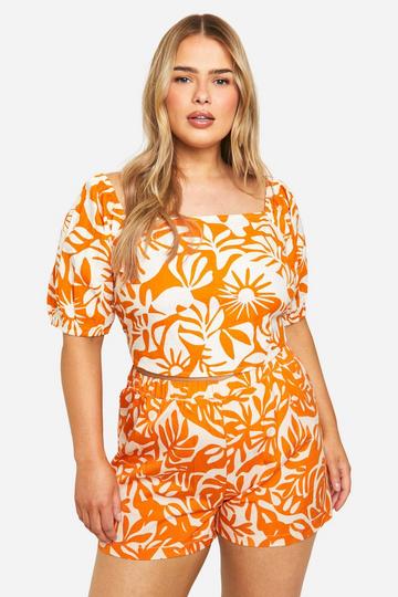 Orange Plus Abstract Print Tie Back Detail Milkmaid Top