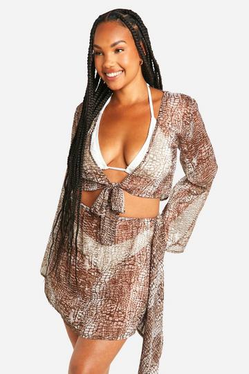 Plus Chiffon Slangenprint Strand Blouse Met Strik brown
