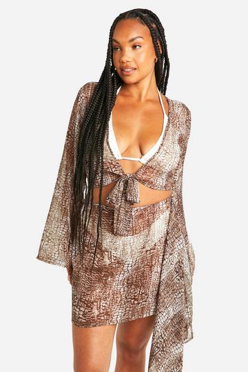 Plus Snake Print Chiffon Wrap Beach Skirt brown