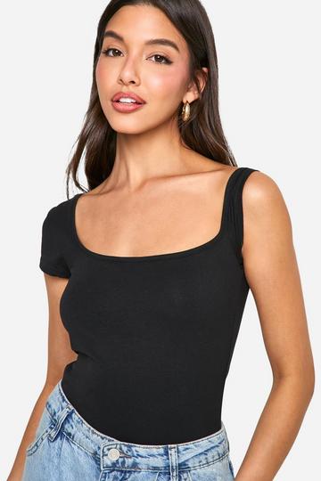 Black Asymmetric Cap Sleeve Bodysuit