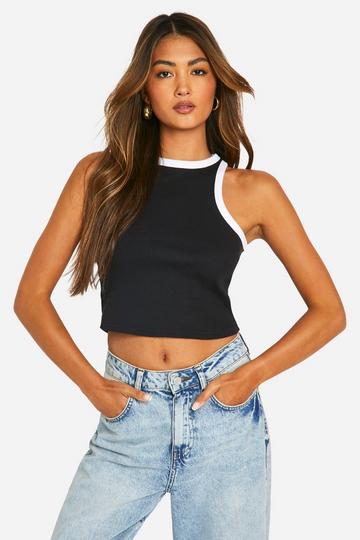 Black Racer Neck Thick Binding Crop Tank Top