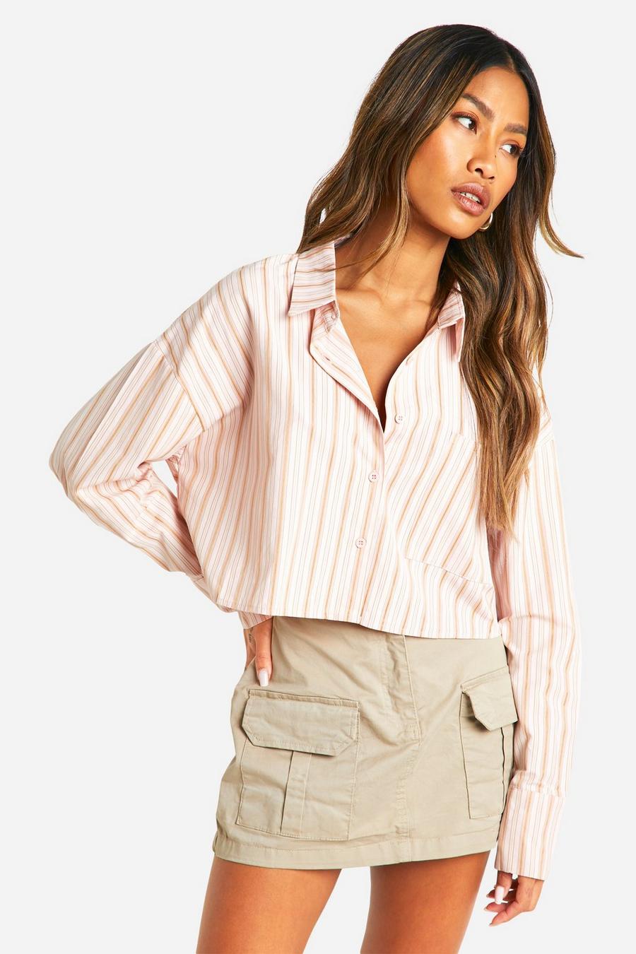 Pink Striped Boxy Crop Shirt image number 1