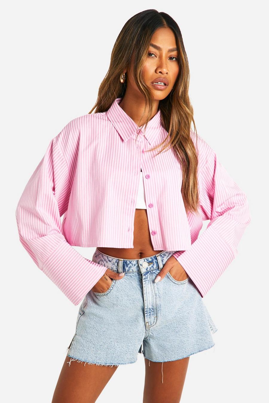 Baby pink Stripe Wide Sleeve Boxy Crop Shirt 