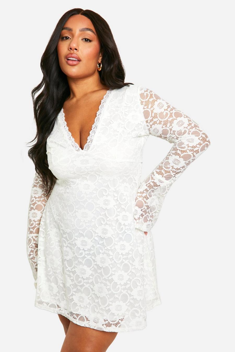 White Plus Lace Flared Sleeve Skater Dress image number 1