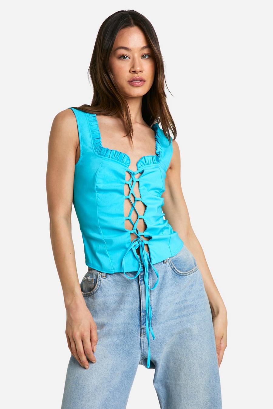 Turquoise Tall Bengaline Seam Detail Lace Up Top  