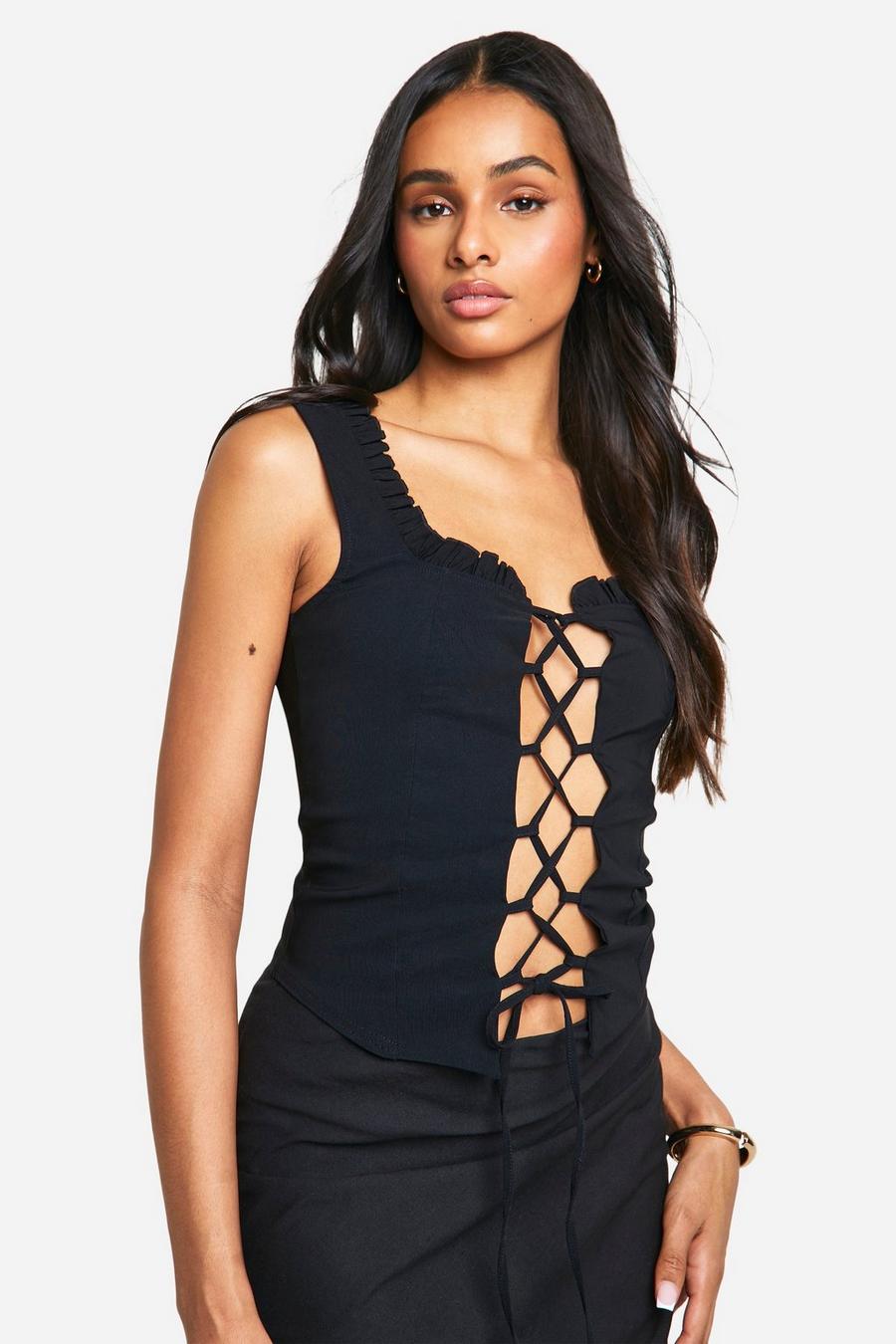 Black Tall Bengaline Seam Detail Lace Up Top 