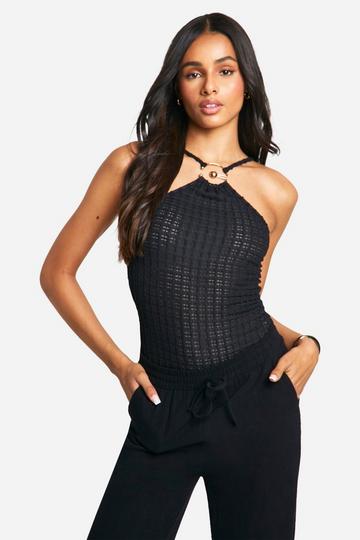 Black Tall Crinkle Ring Detail Halter Bodysuit