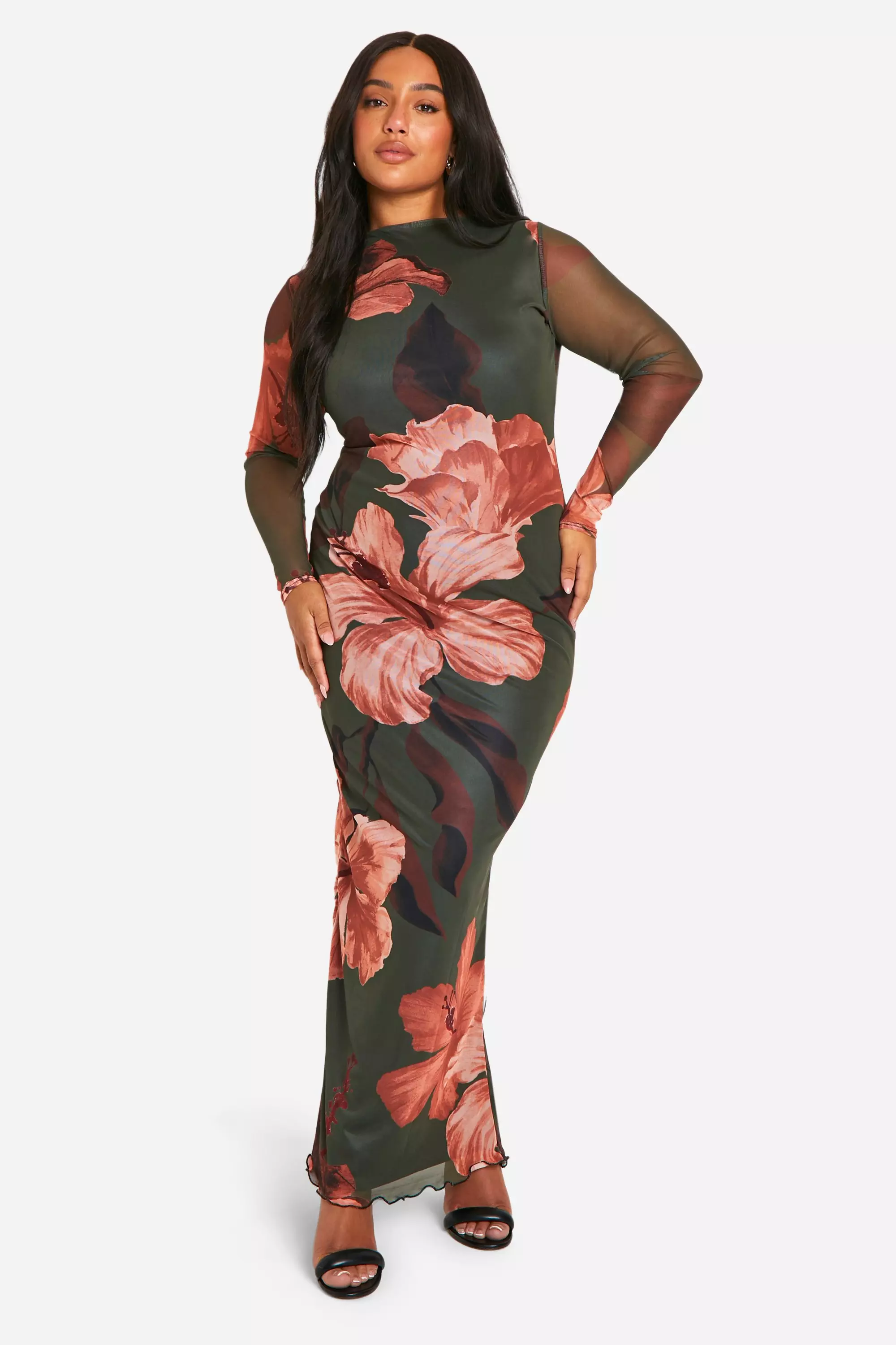 Black Plus Mesh Low Back Maxi Dress صورة بديلة
