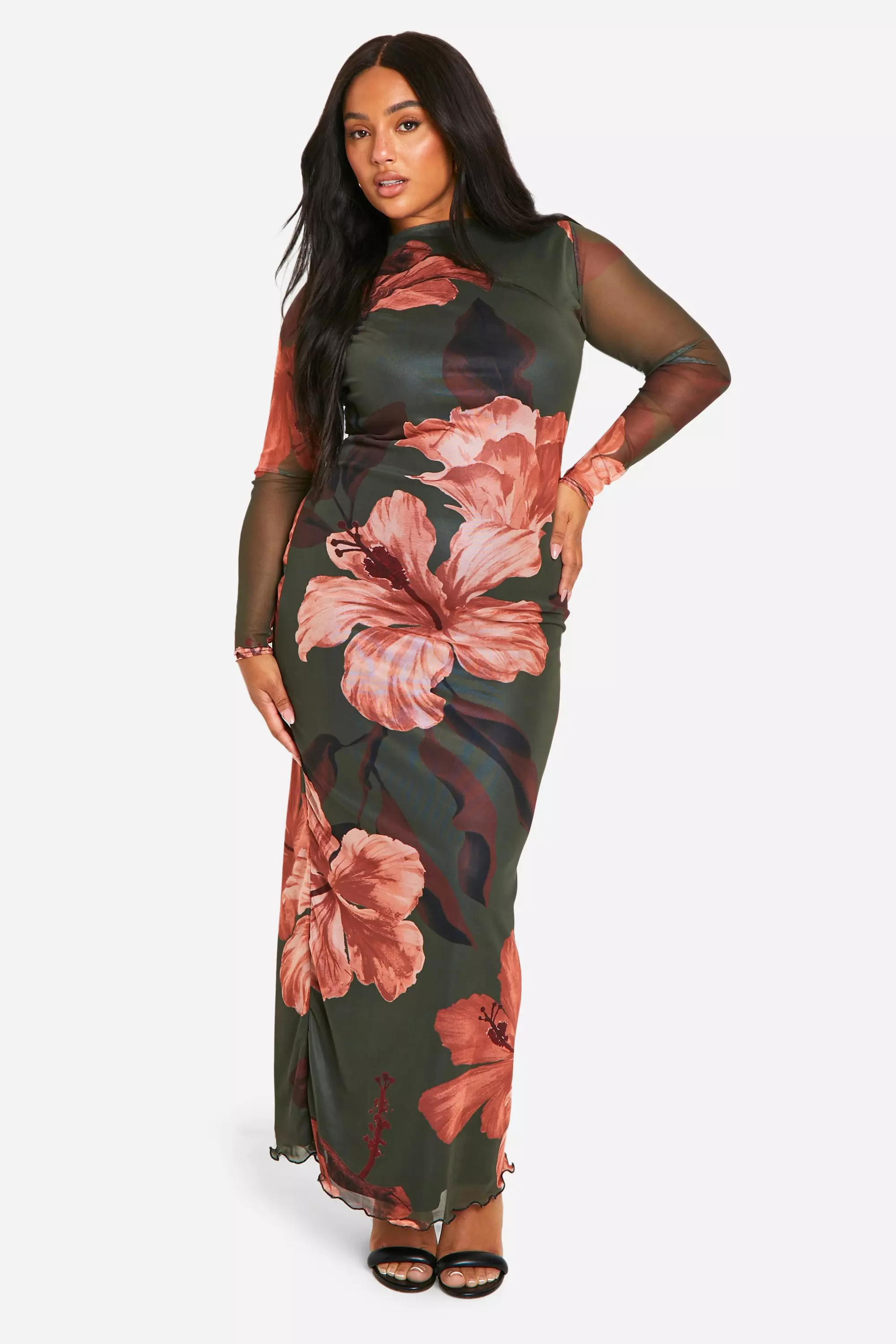 Black Plus Mesh Low Back Maxi Dress صورة بديلة