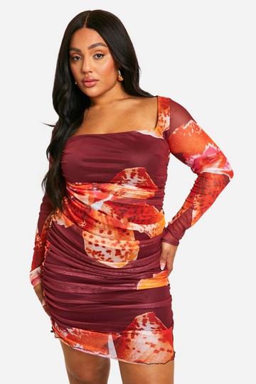 Plus Mesh Printed Ruched Bodycon Dress multi