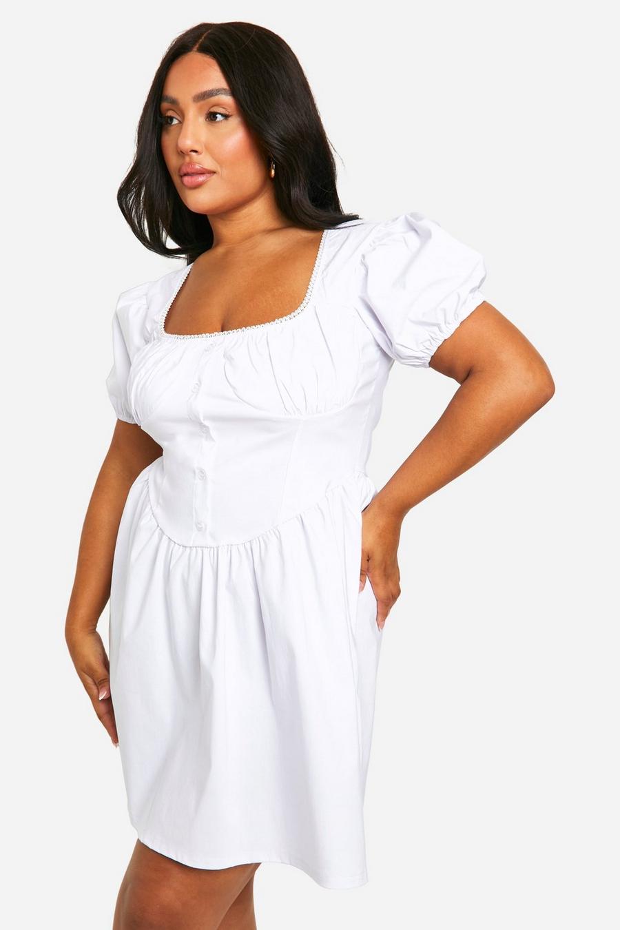 White Plus Bengaline Puff Sleeve Milkmaid Skater Dress image number 1
